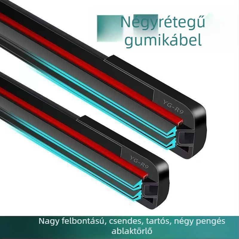 Autóüvegtörlő keret nélküli dizájn – U-alakú univerzális interfész, többfunkciós négyrétegű gumicsík, 12–24V motor, acéllemez + szilikoncsík