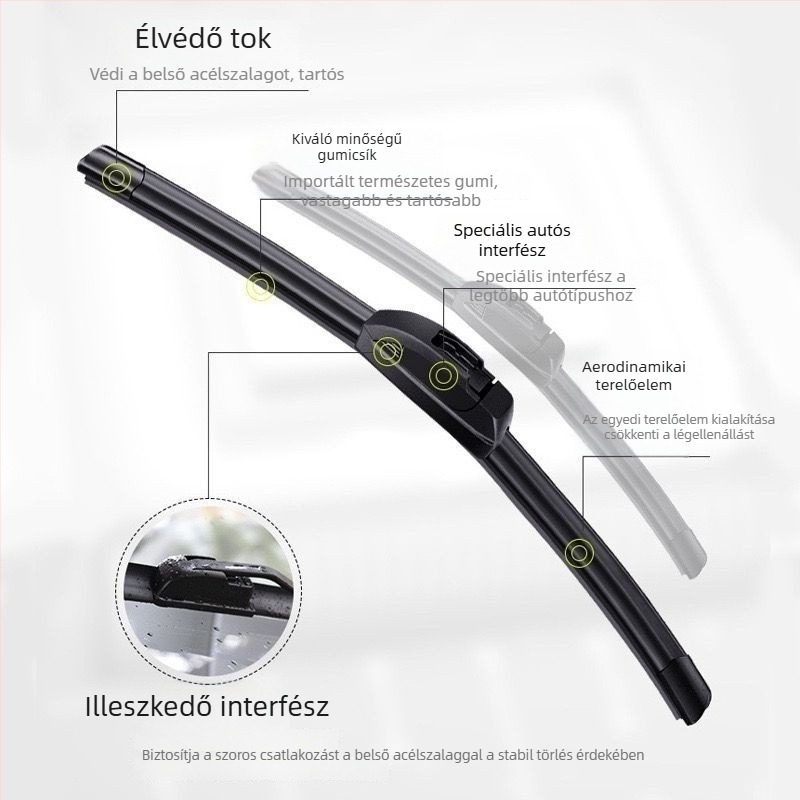 Keret nélküli ablaktörlőlap U‑alakú csatlakozóval, univerzális illeszkedés több modellhez, minőségi garancia.