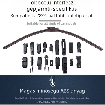 Autó ablaktörlő lapát dupla gumi szalaggal és cserélhető csíkkal, univerzális 14–28 mm karokra, 90° törlés