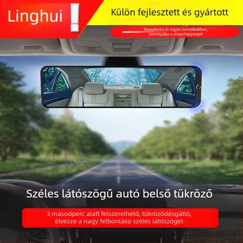 Town head autó hátrafel néző tükör kettős görbületű üveggel, széles látószögű görbült felület, 12V tápegység, ABS ház