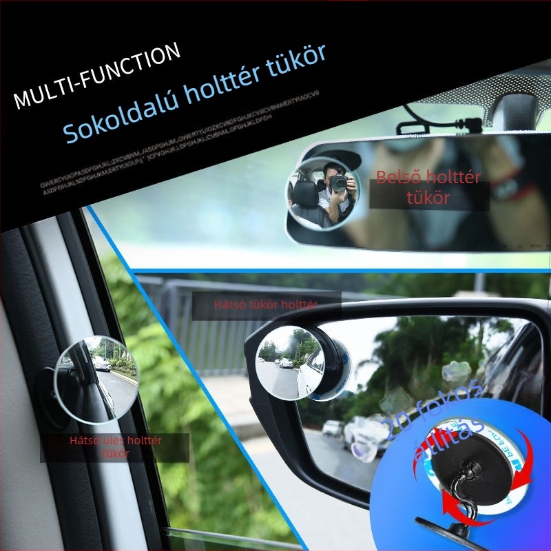 Autó hátsó tükör - kör alakú gömbtükör holttérhez, 360°-ban állítható, ABS ház, üvegtükör