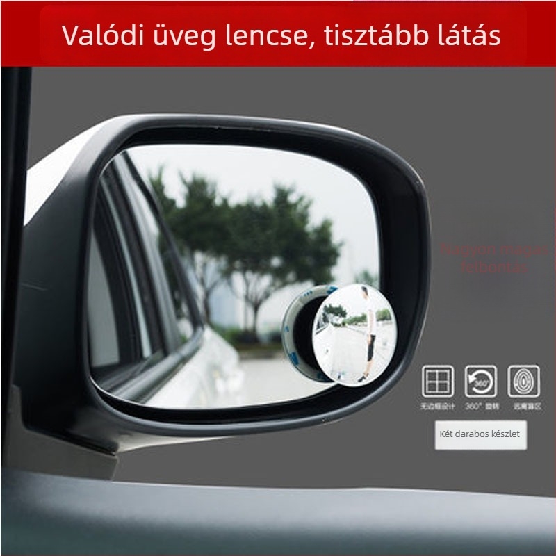 Autó hátsó tükör - kör alakú gömbtükör holttérhez, 360°-ban állítható, ABS ház, üvegtükör