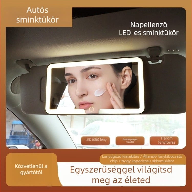 Autóban használható LED sminktükör, törésálló, ABS keret, üveglencse, háromszín világítás