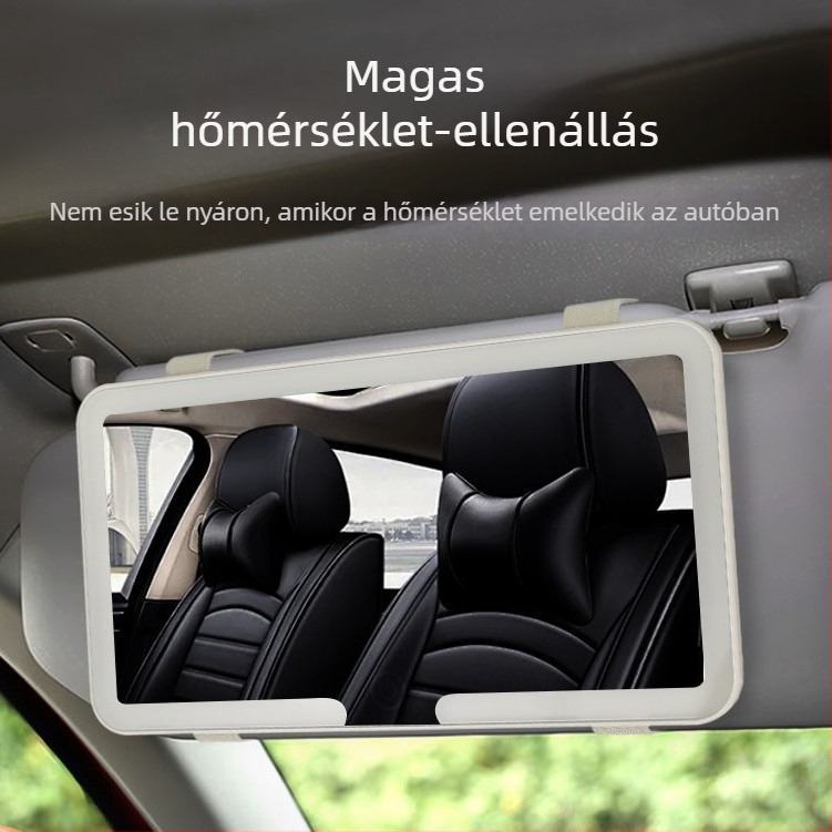 Autóban használható LED sminktükör, törésálló, ABS keret, üveglencse, háromszín világítás