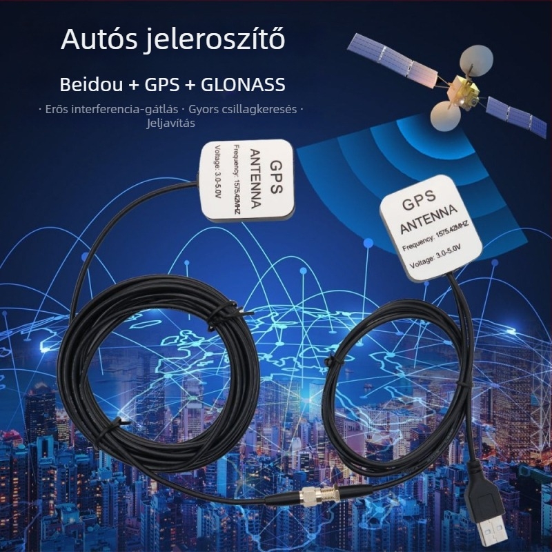 GPS helymeghatározó antenna erősítővel autó navigátorhoz, jel erősítés és precíz navigáció mobiltelefonon