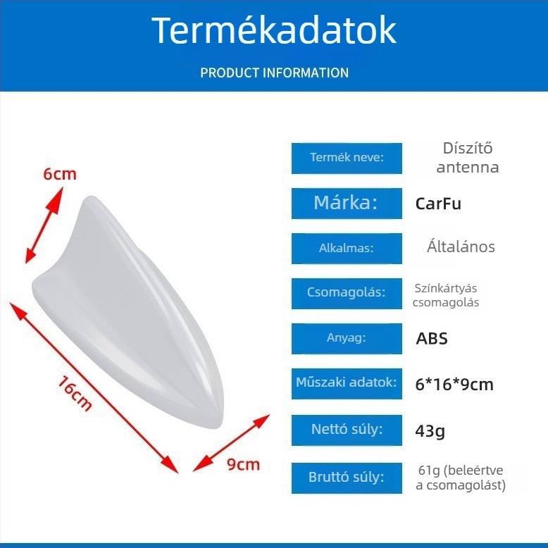 Autó dekoratív antenna cápauszony formájú, univerzális, ragasztóval történő telepítés, hosszú élet-tartam