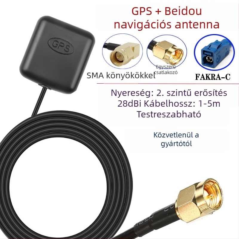 GPS + Beidou aktív modulantenna, kétlépcsős erősítés, jármű GNSS, SMA férfi csatlakozó, 50 Ω impedancia
