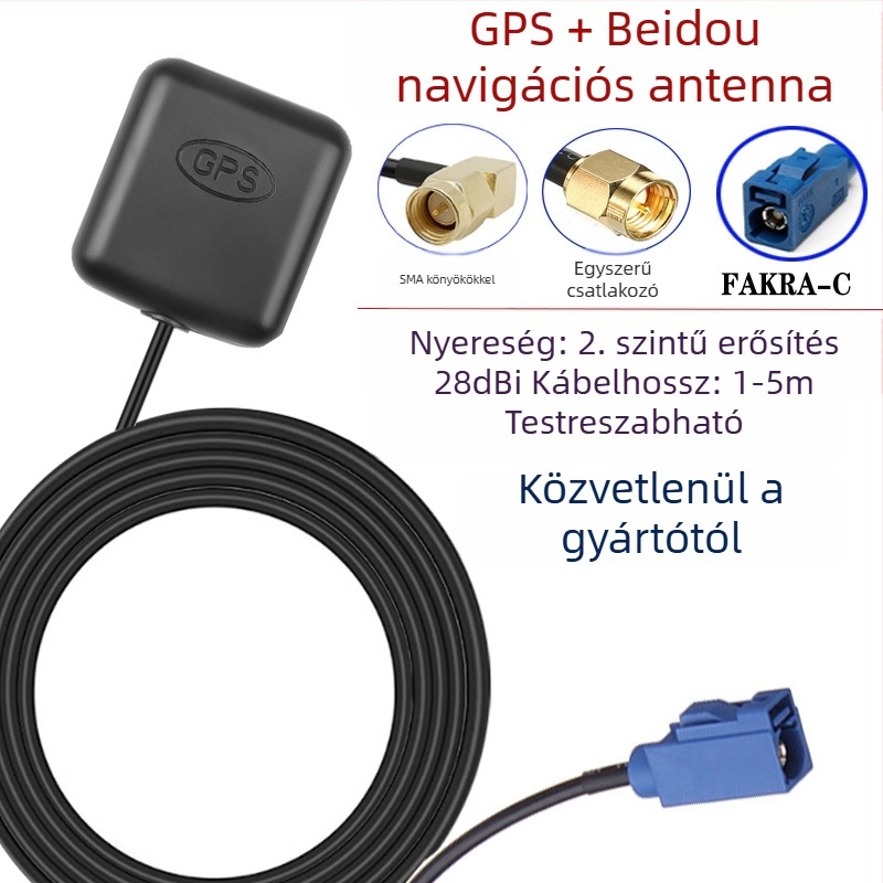 GPS + Beidou aktív modulantenna, kétlépcsős erősítés, jármű GNSS, SMA férfi csatlakozó, 50 Ω impedancia