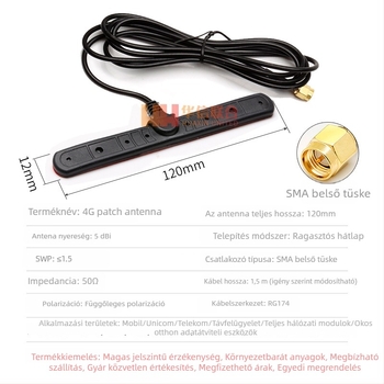 Jármű- és repülőgép patch antenna 4G GSM/GPRS/3G/LTE hálózatokhoz, 50 Ω, 5 dBi nyereség, SWR ≤ 1,5