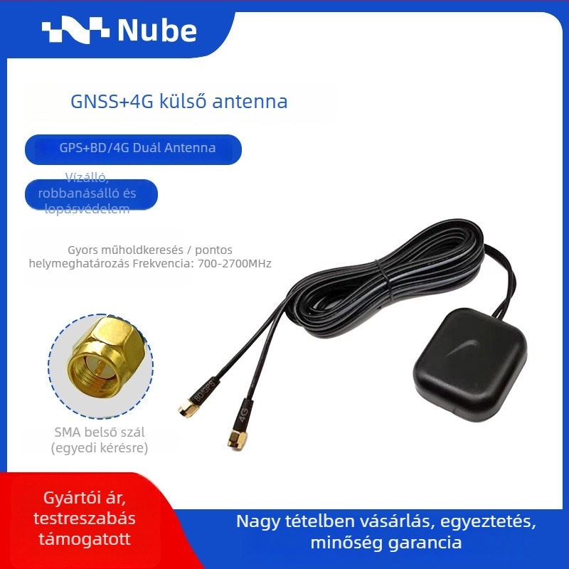 NUBE GPS/4G kettős funkciójú autóantenna navigációhoz, kültéri vízálló LTE antenna, modell WGNSS4GTWX59-52YS, SWR ≤ 1.5