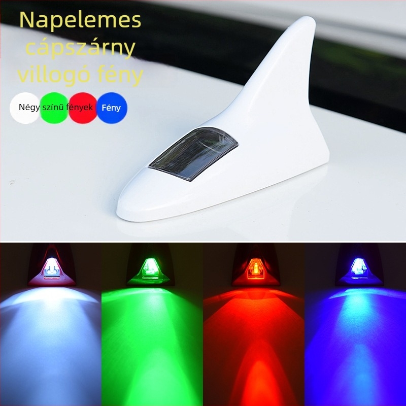 Napelemes cápauszony formájú autó antenna, ragasztóval történő felszerelés, általános kompatibilitás, 8 LED villanás