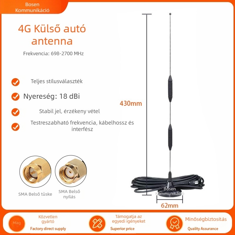 4G külső autóantenna gumírozott rúddal és vákuumcsészével, magas nyereségű IoT kettős sávú antenna (Modell 0642)