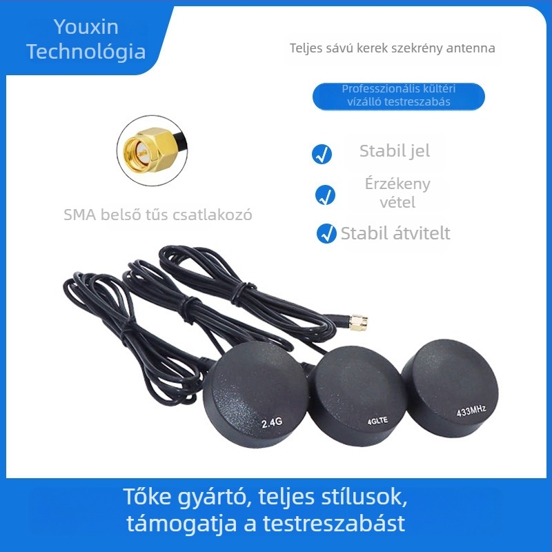 Kültéri vízálló 4G antenna, nagy nyereséggel, kerek házzal, autó navigációs regiszterhez - frekvenciák 4G/2.4G/433, 50Ω, SWR ≤1.5, 0-50V