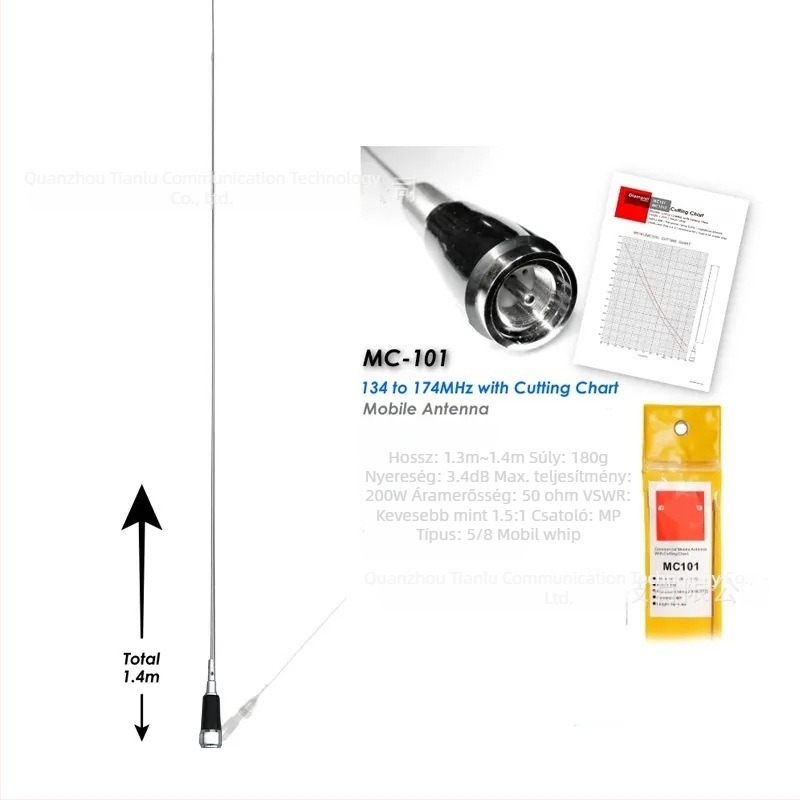 MC101 Járműre szerelt VHF tengeri antenna, rozsdamentes acélból, 134–174 MHz tartomány, állítható sáv