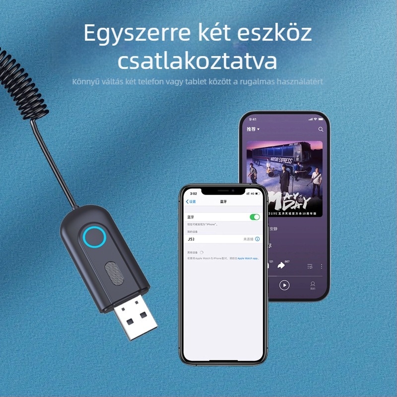 J53 Bluetooth autóvevő, AUX USB audio adapter, Bluetooth 5.3, 2.4 GHz, 5V, 150 mA