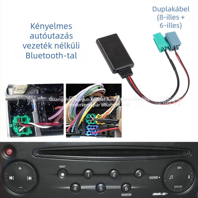Renault-kompatibilis AUX Bluetooth autóvevő mikrofonnal, PVC+réz felépítés, 12V tápegység