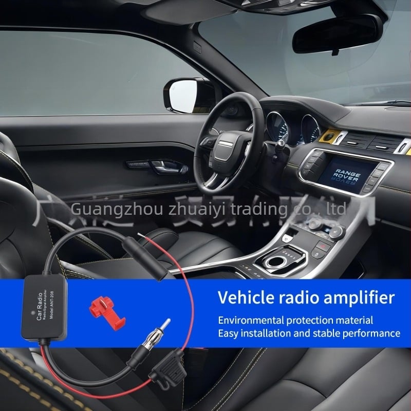 Autó FM rádió antennaerősítő, 18–22 dB nyereség, 88–108/170–240 MHz, 50 Ω kimenet, 12 V működés