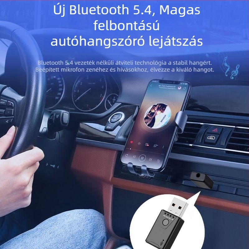 Autóhoz USB-s Bluetooth vevő - plug-and-play Hands-free adapter, Bluetooth 5.4, USB interfész, 10-20 m hatótávolság, 100 Mbps