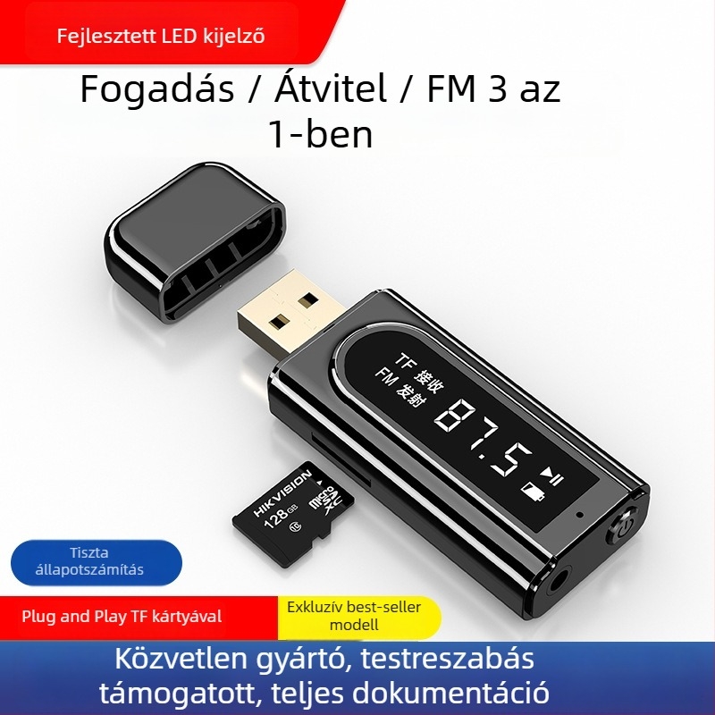 USB autó FM Bluetooth átjátszó MP3 lejátszással és AUX kimenettel, sztereó dupla kimenet, Bluetooth 5.0, OMS-K9 modell, USB‑AUX interfész, plug‑and‑play, külső áramellátás