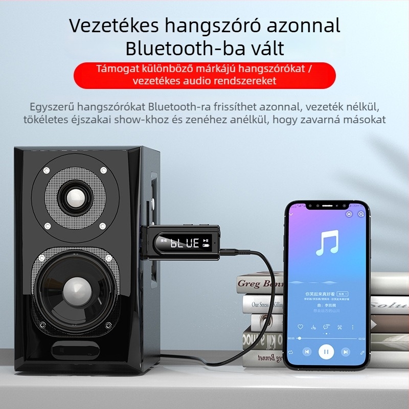 USB autó FM Bluetooth átjátszó MP3 lejátszással és AUX kimenettel, sztereó dupla kimenet, Bluetooth 5.0, OMS-K9 modell, USB‑AUX interfész, plug‑and‑play, külső áramellátás