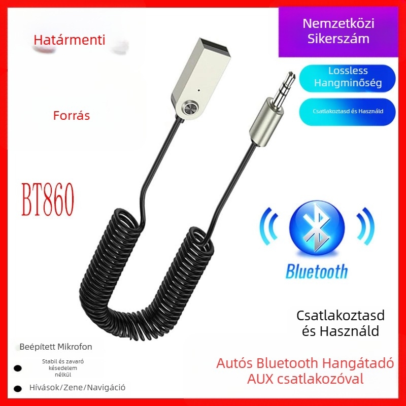 Autó Bluetooth-vevő AUX/USB interfésszel, kihangosítással, Bluetooth 5.0, Plug‑and‑Play, külső tápegység nélkül, 10 m hatótávolság