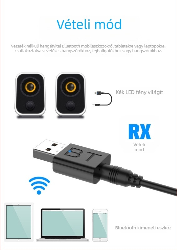 USB Bluetooth 5.0 audió adó-vevő 2 az egyben | USB/3.5mm interfész, Plug-and-Play, Külső tápegység, Hatótávolság 10 m