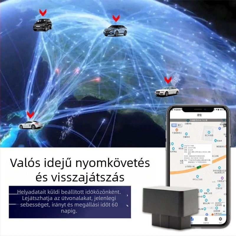LMHOME M08 OBD GPS jármű nyomkövető és riasztó – GPS pontosság 3 m, OBD tápegység, beépített antenna, riasztási módok: rezgés, áramkör kikapcsolása, mobils riasztás, geofence, gyorshajtás figyelmeztetés