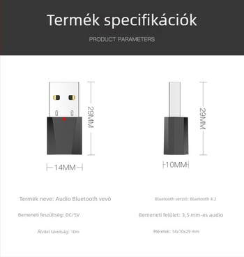 Sztereó Bluetooth audió vevő 3,5 mm AUX bemenettel, USB Bluetooth adapter, modell X1, Plug-and-Play, külső tápegység, Bluetooth 4.2