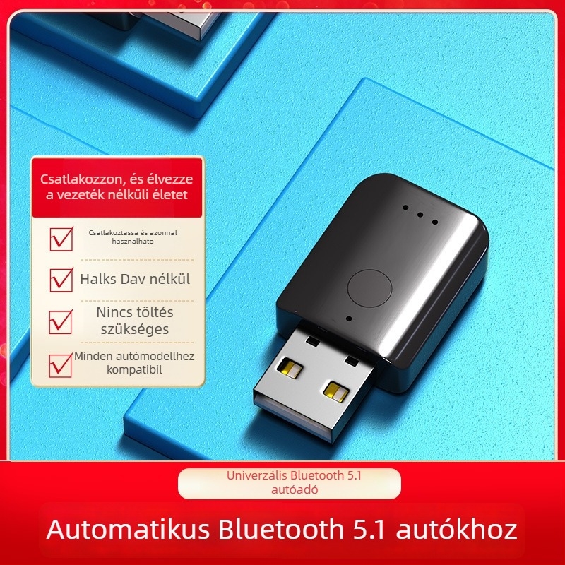 USB Autó Bluetooth adapter 5.1, Plug‑and‑Play, külső táp nélkül, 10 m hatótáv