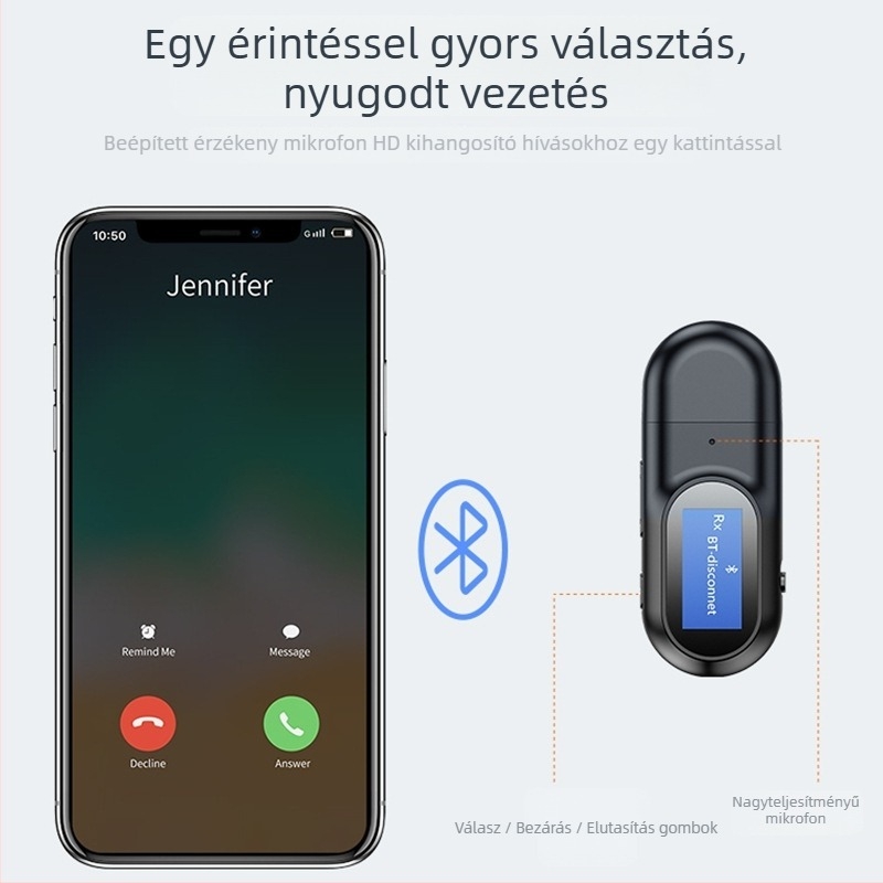 USB Bluetooth 5.0 hangszer autóhoz — USB/AUX interfész, LCD kijelző, kihangosító hívások