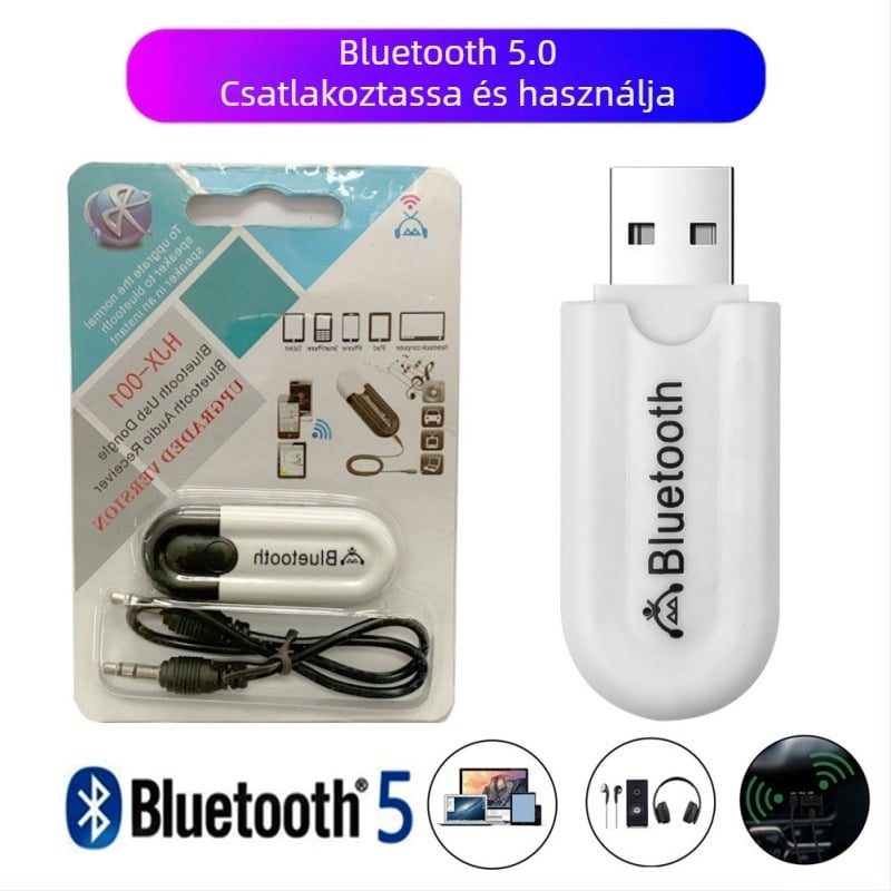 3,5 mm Bluetooth USB audió adapter - BT 5.0, USB interfész, Plug & Play, külső táp nélkül, 10 m hatótáv