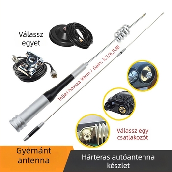 Autó antenna 7200 klipsz és vákuumos szívókorong dizájn, nyereség 3.5–6.0 dB, frekvenciasáv 136–174/400–520 MHz, impedancia 50 Ω