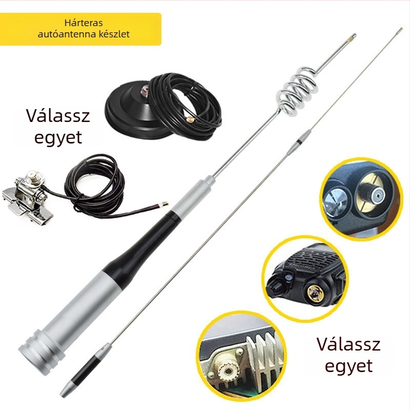 Autó antenna 7200 klipsz és vákuumos szívókorong dizájn, nyereség 3.5–6.0 dB, frekvenciasáv 136–174/400–520 MHz, impedancia 50 Ω