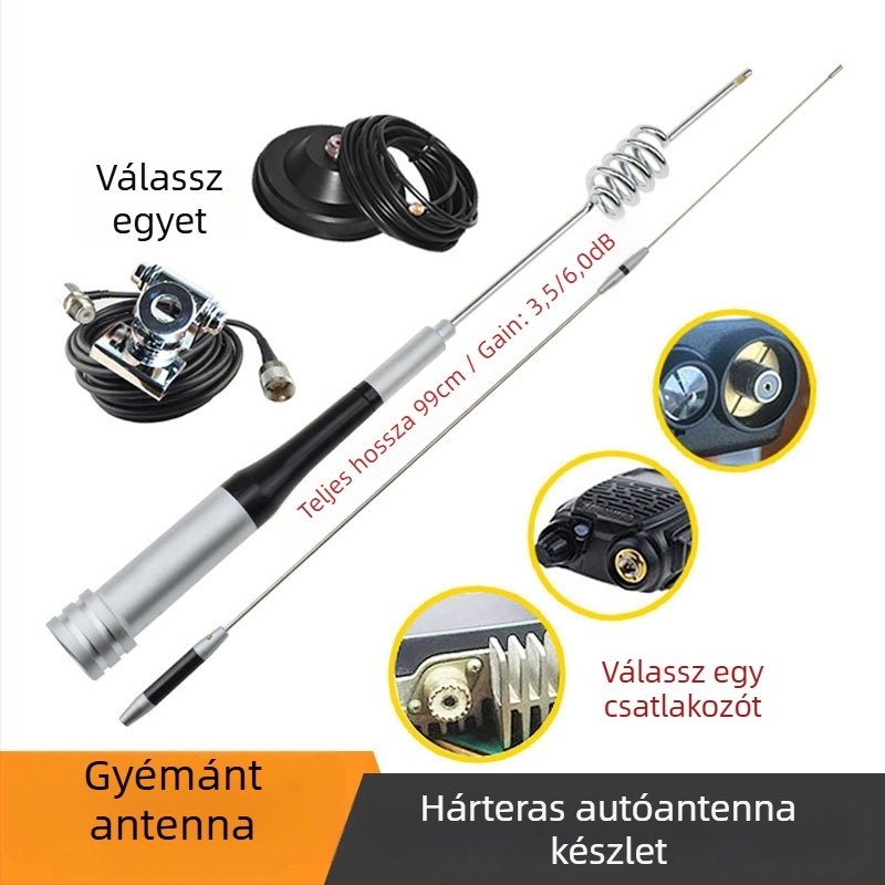 Autó antenna 7200 klipsz és vákuumos szívókorong dizájn, nyereség 3.5–6.0 dB, frekvenciasáv 136–174/400–520 MHz, impedancia 50 Ω