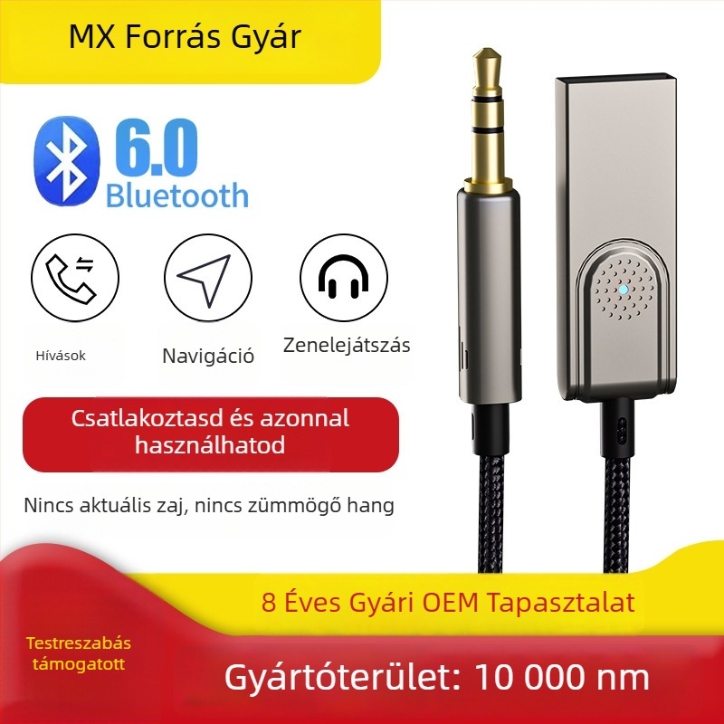Bluetooth 6.0 autóba szánt audio vevő/átvivő beépített mikrofonnal és 3,5 mm-es sztereó kimenettel