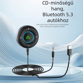 Bluetooth 5.3 audio vevő-átadó, 3,5 mm AUX, hands-free, USB tápegység, autó és otthoni használat