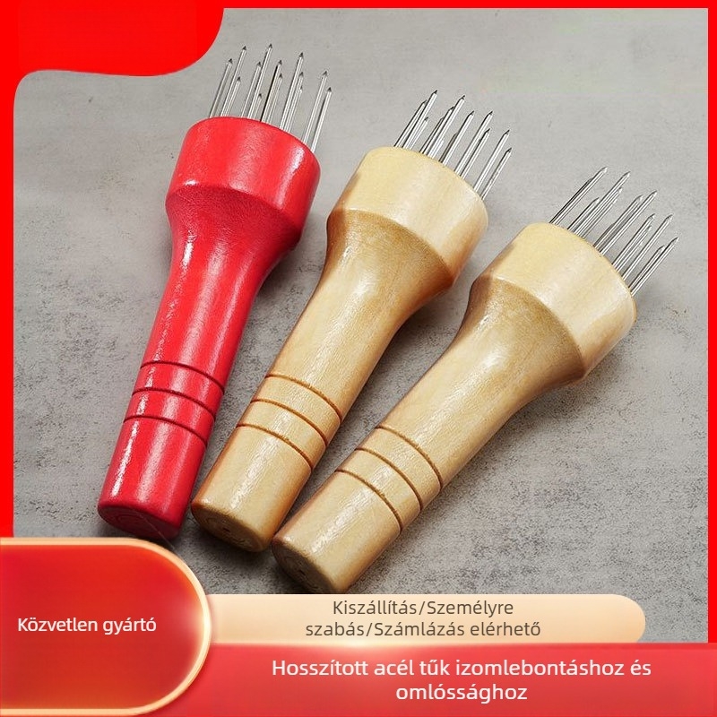 Hús puhító eszköz rozsdamentes acél tűkkel és tömör fa markolattal — 13/17/21 tű variánsok