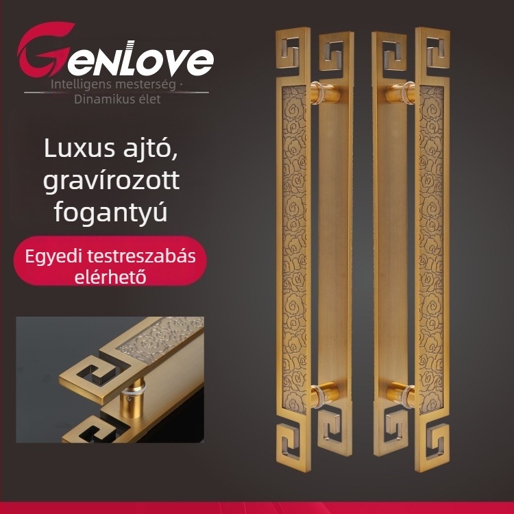 Kínai stílusú bejárati ajtó fogantyú, alumínium fogantyú antik bronz felületű üveggel és logó gravírozással