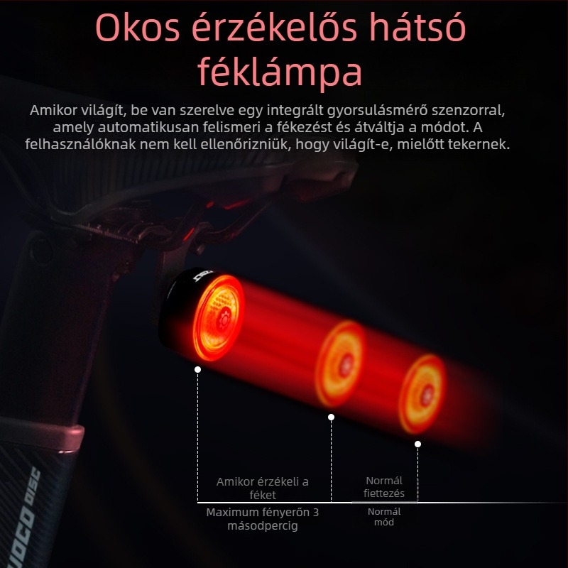 Tu Liao kerékpár hátsó lámpa intelligens érzékelős fékezéssel, éjszakai kerékpározáshoz út- és MTB kerékpárokhoz, újratölthető töltő- és tartozékokkal