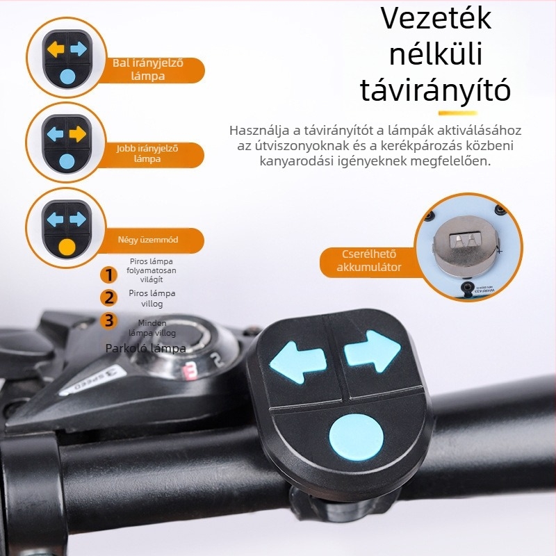 Kerékpár távirányítós hátsó lámpa, irányjelzőkkel és kürtszerű figyelmeztetéssel (Type-C)