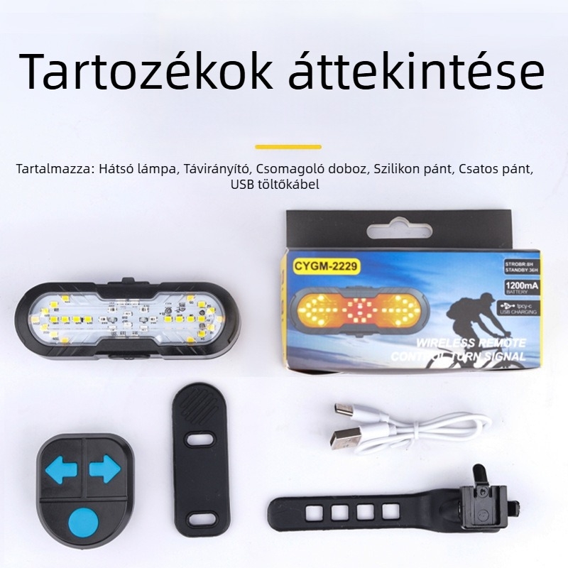 Kerékpár távirányítós hátsó lámpa, irányjelzőkkel és kürtszerű figyelmeztetéssel (Type-C)