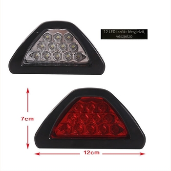 LED háromszög hátsó lámpa motorkerékpárhoz figyelmeztető és villogó fény funkcióval, 12V, univerzális modell