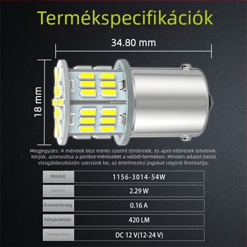 Autó LED irányjelző lámpa 1156-3014-54w, 2.29W, 12-24V, 3014SMD, kompatibil a legtöbb autón