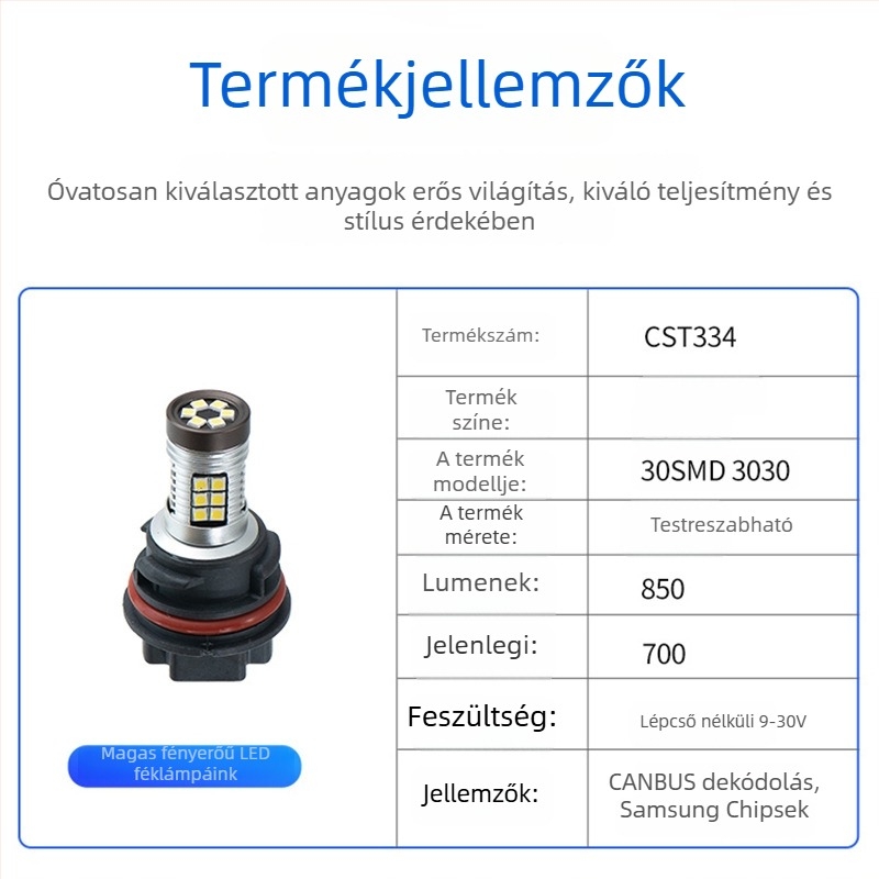 Dekódolható LED féklámpa és hátramenet jelző lámpa T15/T20/1156/1157/3030 27SMD-hez — modell PH1130SMD 3030, 9–30V, 8.4W, élettartam ≥ 50000 óra