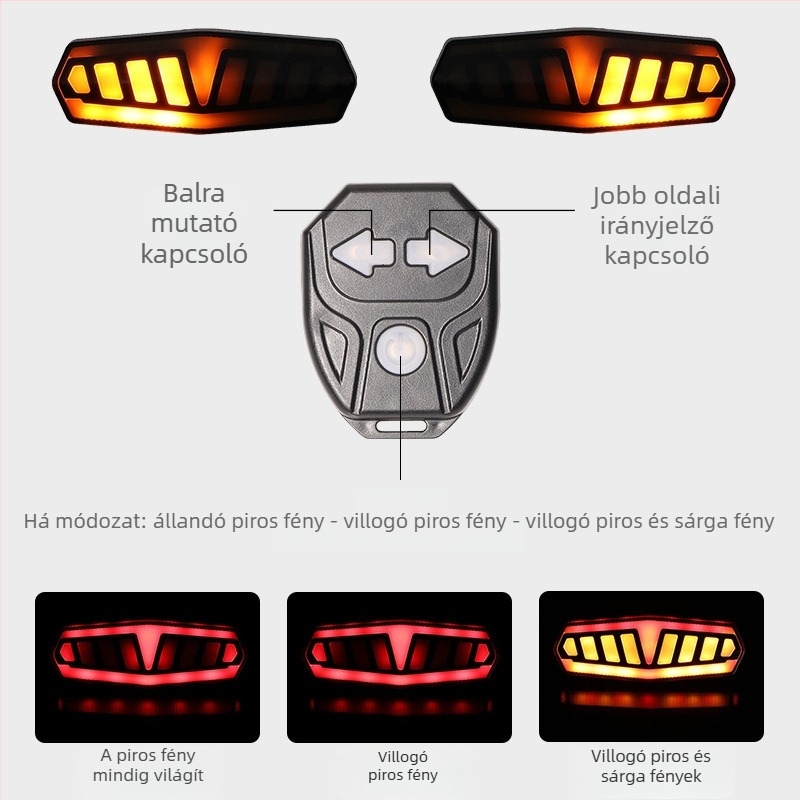 Kerékpár távirányítós hátsó lámpa, nagy fényerejű LED, fék/fordulás jelzés, USB-C töltés, 600–900 mAh akkumulátor