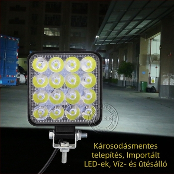 Autó LED munkalámpa, 48W, négyzet alakú, 16 LED, alumínium ház, 12–24V, off-road és teherautó használatra