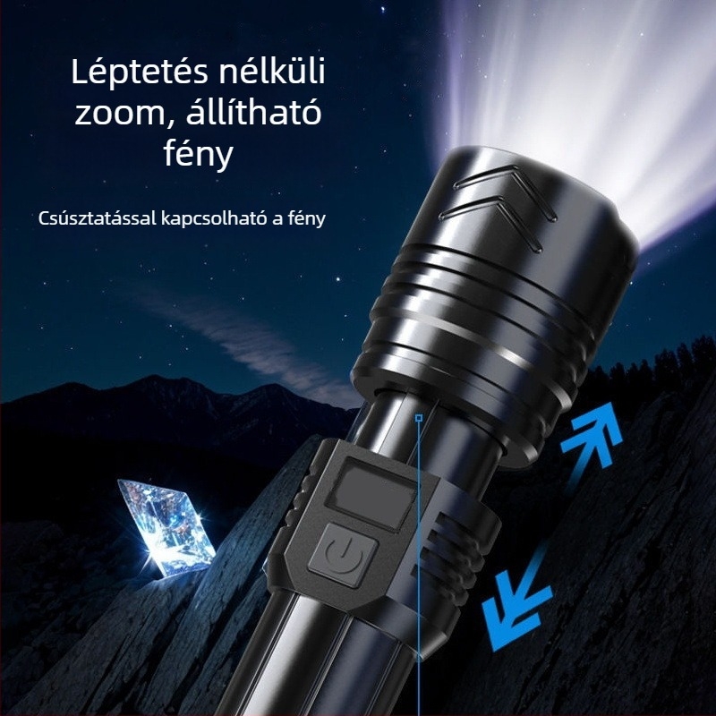Töltőhető kézi zseblámpa: ultranagy fényerővel és hosszú hatótávolsággal, LED 15W, 3,7V, beépített 18650-es akkumulátor, hatótávolság 200–500 m