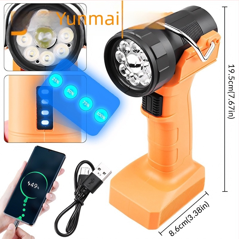 LED munkalámpa, 5W, újratölthető beépített 2x2000mAh 18650-es akkumulátorral, töltő a csomagban, LED fényforrás, hatótáv 50–100 m