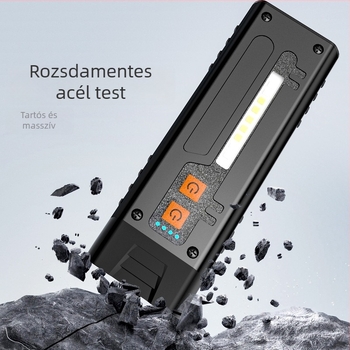 Kültéri duál LED-es zseblámpa rozsdamentes acél testtel, 1000mAh újra tölthető akkumulátorral, 3W LED, 50 m-es fénysugárig, többfunkciós és rendkívül vékony