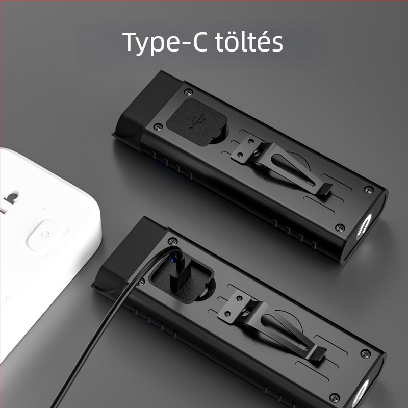 Kültéri duál LED-es zseblámpa rozsdamentes acél testtel, 1000mAh újra tölthető akkumulátorral, 3W LED, 50 m-es fénysugárig, többfunkciós és rendkívül vékony